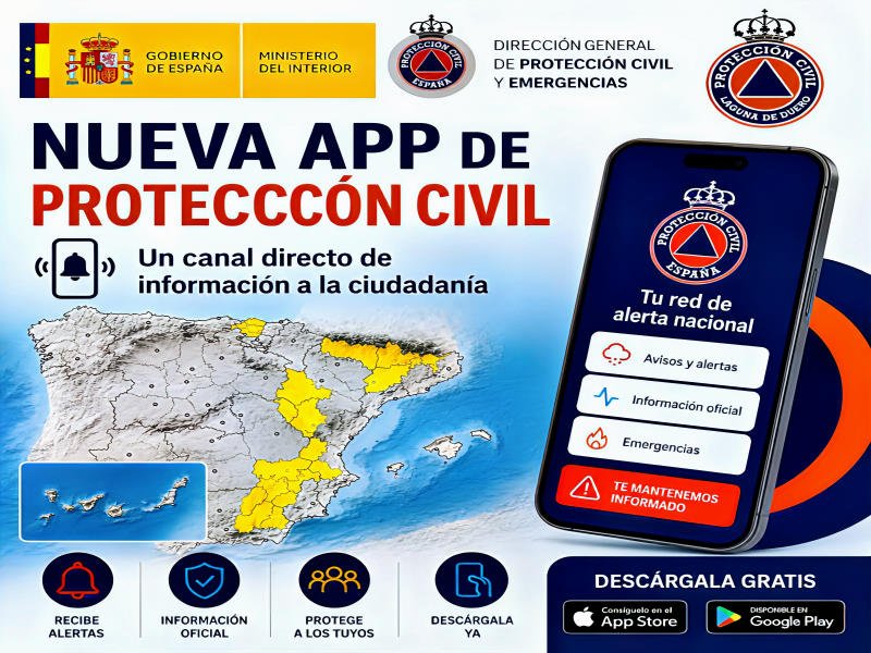 Nueva app de Protección Civil España mostrando mapa de alertas y aplicación móvil