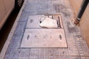 Tapa de registro de telecomunicaciones rota en la acera de Beniaján, con un hueco cubierto de forma provisional