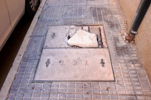 Tapa de registro de telecomunicaciones rota en la acera de Beniaján, con un hueco cubierto de forma provisional