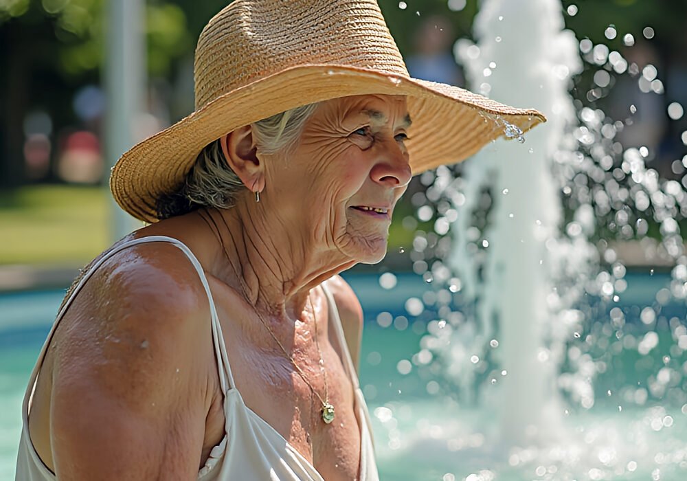 Señora mayor protegida del sol con sombrero de ala ancha junto a una fuente en un parque en verano en Beniaján