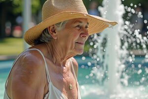 Señora mayor protegida del sol con sombrero de ala ancha junto a una fuente en un parque en verano en Beniaján