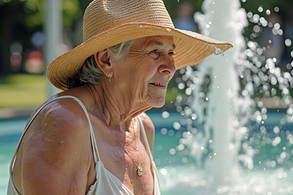 Señora mayor protegida del sol con sombrero de ala ancha junto a una fuente en un parque en verano en Beniaján