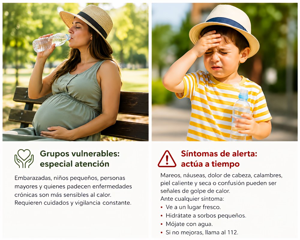 Infografía sobre cuidados frente al calor en Beniaján que muestra a la izquierda una mujer embarazada sentada en un banco de un jardín bebiendo agua, y a la derecha un niño pequeño con sombrero tipo Panamá y una botella de agua. Incluye mensajes de prevención sobre grupos vulnerables y síntomas de alerta por calor.