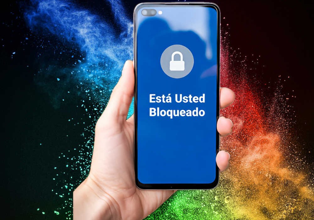 Mano sosteniendo un teléfono móvil con un candado y el mensaje Está usted bloqueado sobre un fondo negro con una explosión de colores.