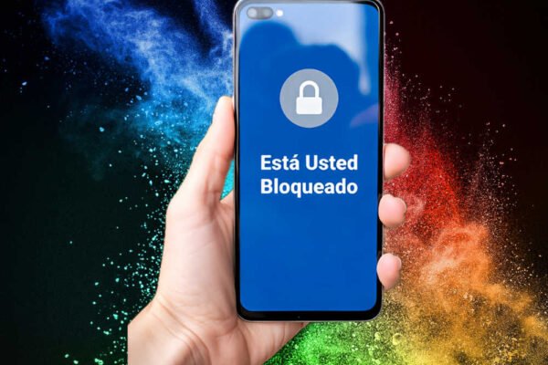 Mano sosteniendo un teléfono móvil con un candado y el mensaje Está usted bloqueado sobre un fondo negro con una explosión de colores.