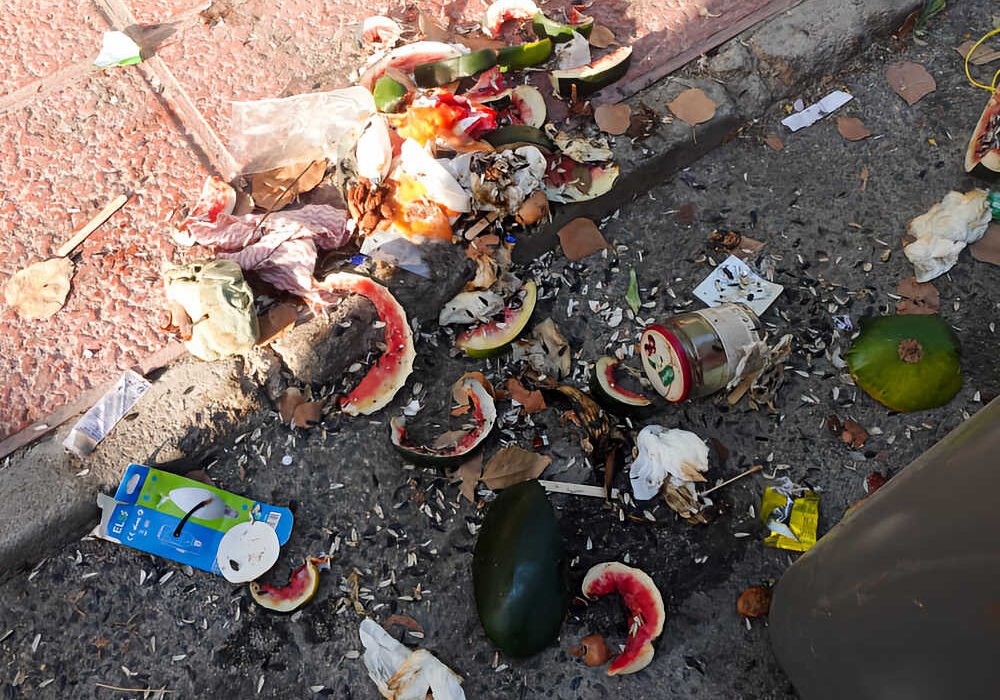 Residuos orgánicos en la acera de Beniaján con restos de sandía, pepino y envases abandonados al sol con presencia de insectos