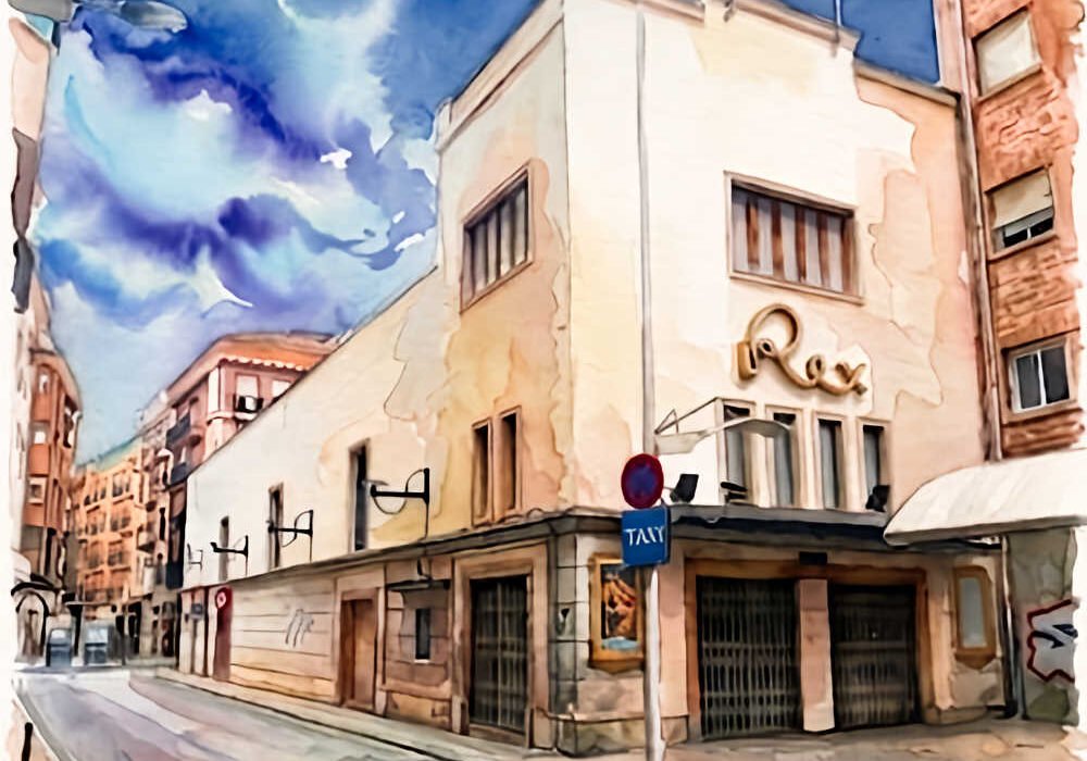 Ilustración del edificio del Cine Rex de Murcia junto a los inmuebles adyacentes.