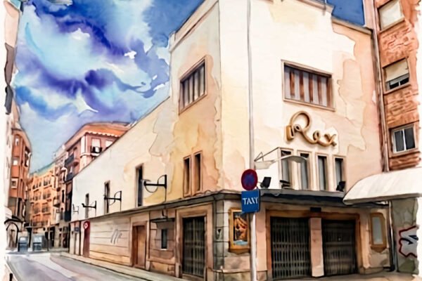Ilustración del edificio del Cine Rex de Murcia junto a los inmuebles adyacentes.