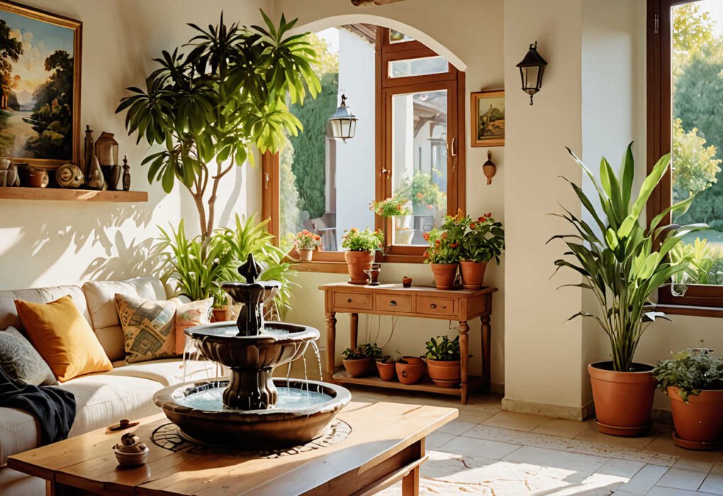 Fuente de agua ornamental en un salón luminoso de casa de campo en Murcia, ideal para aumentar la humedad ambiental en verano