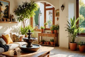 Fuente de agua ornamental en un salón luminoso de casa de campo en Murcia, ideal para aumentar la humedad ambiental en verano