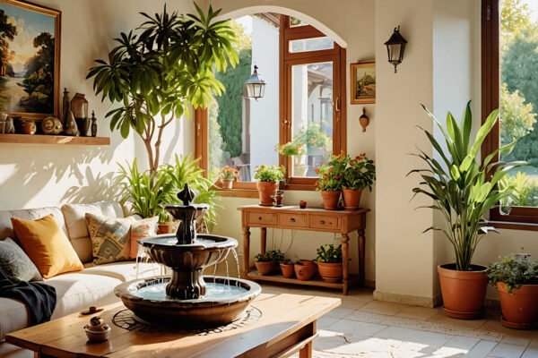 Fuente de agua ornamental en un salón luminoso de casa de campo en Murcia, ideal para aumentar la humedad ambiental en verano
