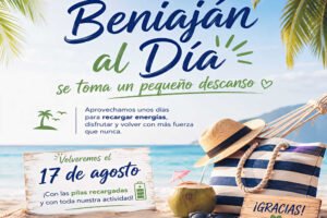 Cartel de Beniaján al Día anunciando un pequeño descanso por vacaciones hasta el 17 de agosto, con una playa, palmeras, sombrero y hamaca.