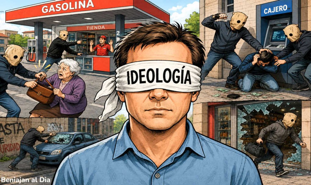 Ilustración editorial de una persona con una venda en los ojos donde se lee «Ideología», rodeada de escenas simbólicas de delincuencia, como metáfora de cómo los prejuicios ideológicos pueden impedir ver los problemas sociales.