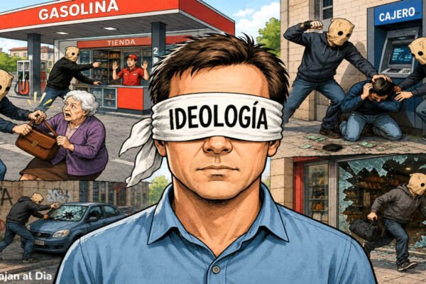 Ilustración editorial de una persona con una venda en los ojos donde se lee «Ideología», rodeada de escenas simbólicas de delincuencia, como metáfora de cómo los prejuicios ideológicos pueden impedir ver los problemas sociales.