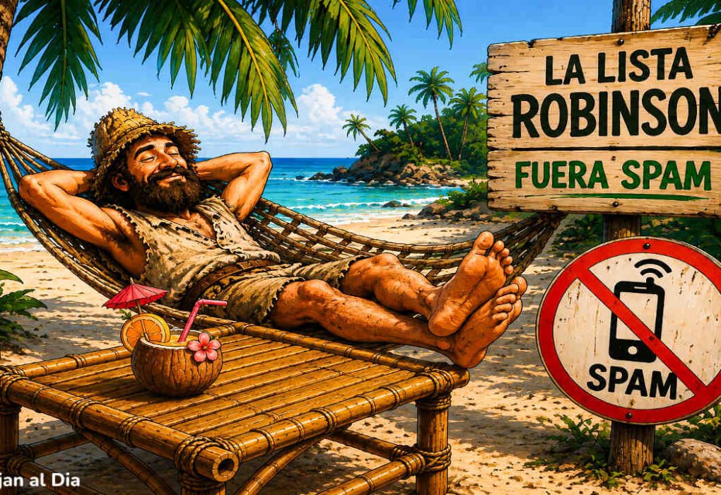Ilustración de Robinson Crusoe descansando en una isla junto a un cartel de «La Lista Robinson, fuera spam», en referencia a cómo evitar las llamadas comerciales.