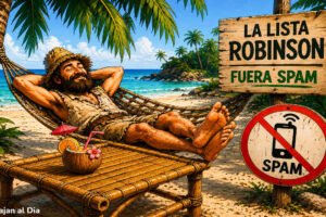 Ilustración de Robinson Crusoe descansando en una isla junto a un cartel de «La Lista Robinson, fuera spam», en referencia a cómo evitar las llamadas comerciales.