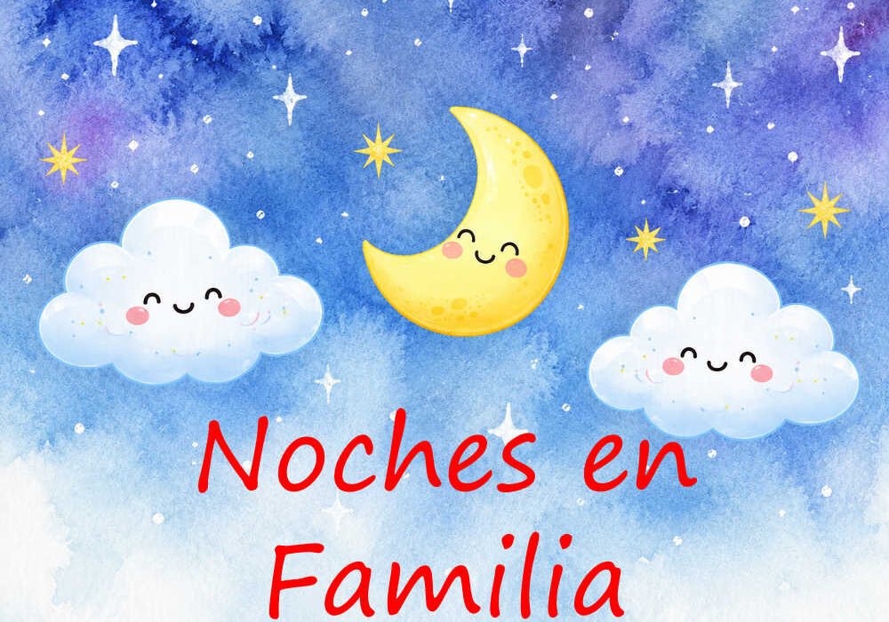 Ilustración de Noches en Familia en Benijab con una luna sonriente, nubes y estrellas sobre un cielo azul