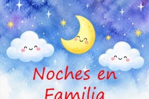 Ilustración de Noches en Familia en Benijab con una luna sonriente, nubes y estrellas sobre un cielo azul