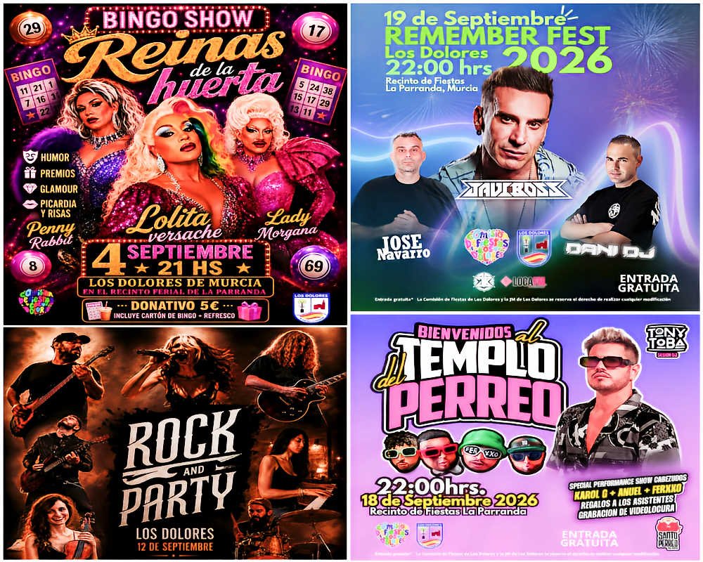 Carteles de las actuaciones musicales de las Fiestas Patronales de Los Dolores, Murcia 2026