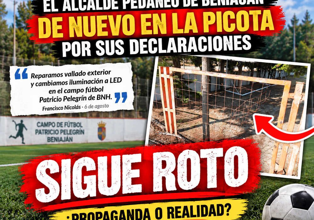 Montaje sobre el alcalde pedáneo de Beniaján y el vallado roto del campo de fútbol Patricio Pelegrín