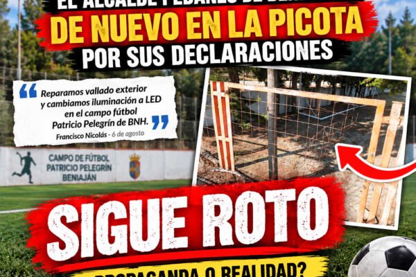 Montaje sobre el alcalde pedáneo de Beniaján y el vallado roto del campo de fútbol Patricio Pelegrín