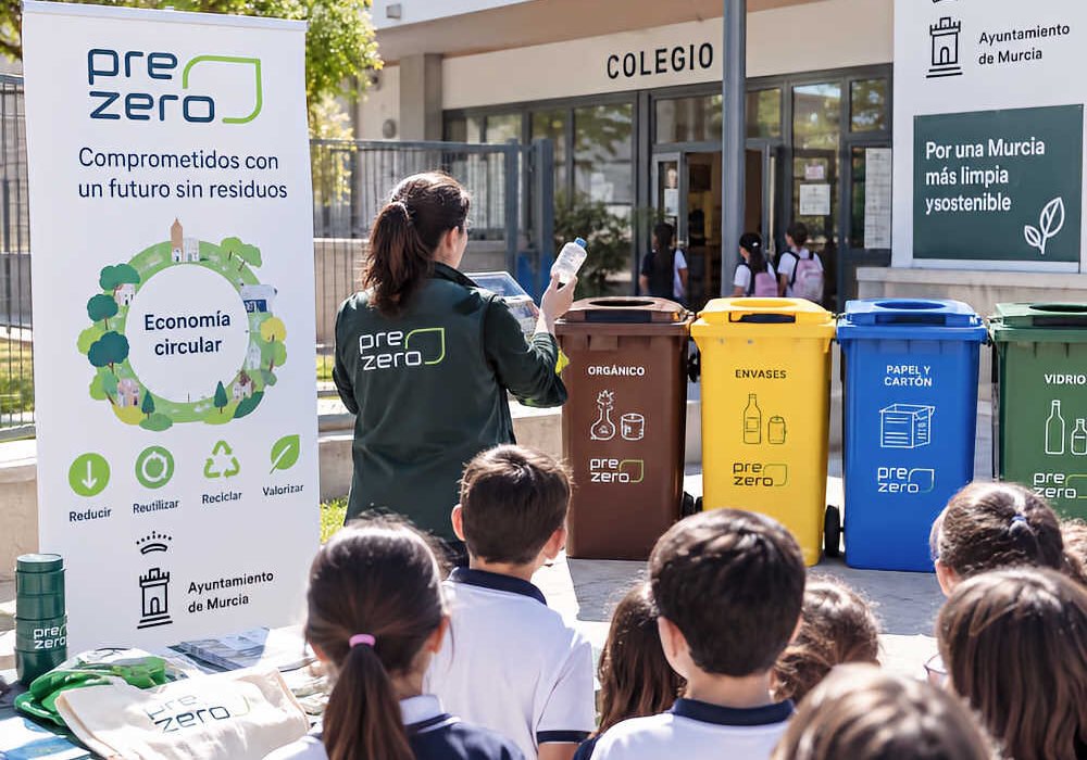 Escolares participan en una actividad de educación ambiental sobre reciclaje y economía circular en un colegio de Murcia junto a contenedores de residuos