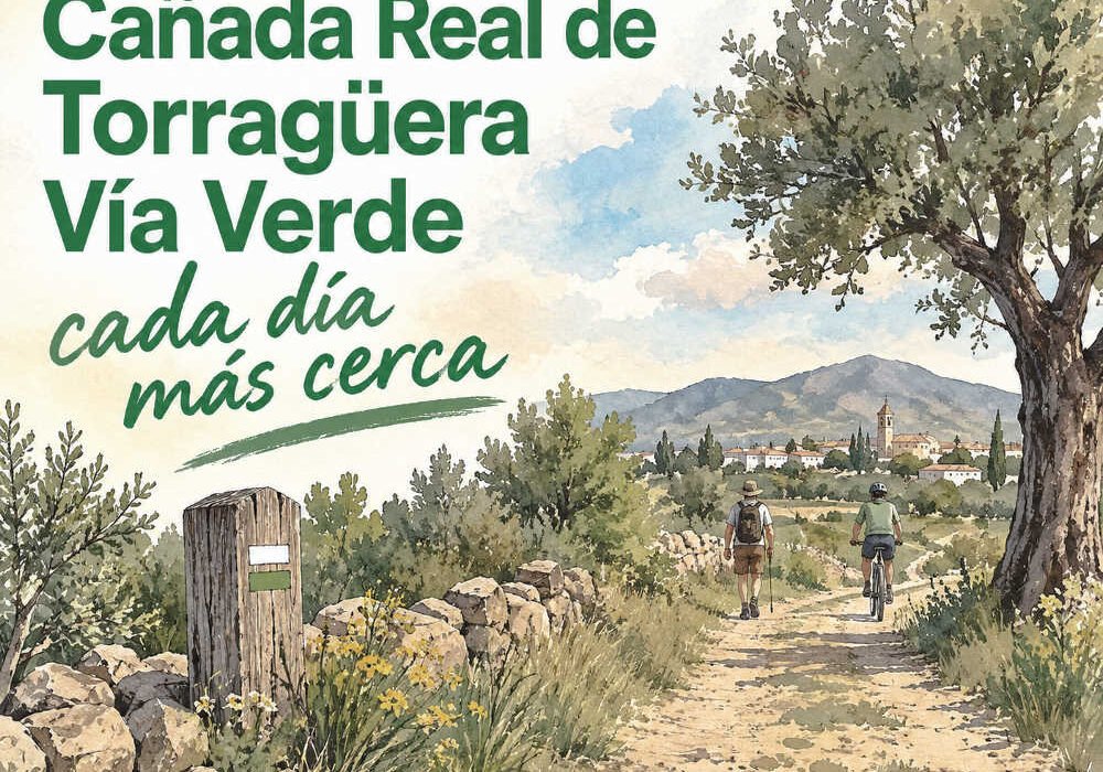 Ilustración de la Cañada Real de Torreagüera como vía verde, con un camino rural entre vegetación y el mensaje «cada día más cerca».