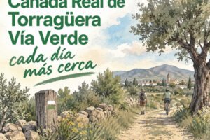 Ilustración de la Cañada Real de Torreagüera como vía verde, con un camino rural entre vegetación y el mensaje «cada día más cerca».