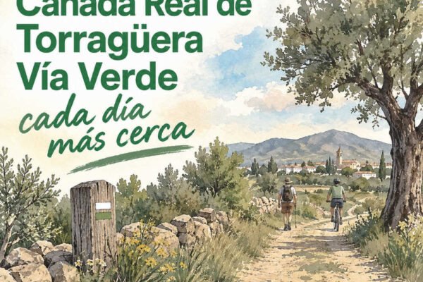 Ilustración de la Cañada Real de Torreagüera como vía verde, con un camino rural entre vegetación y el mensaje «cada día más cerca».