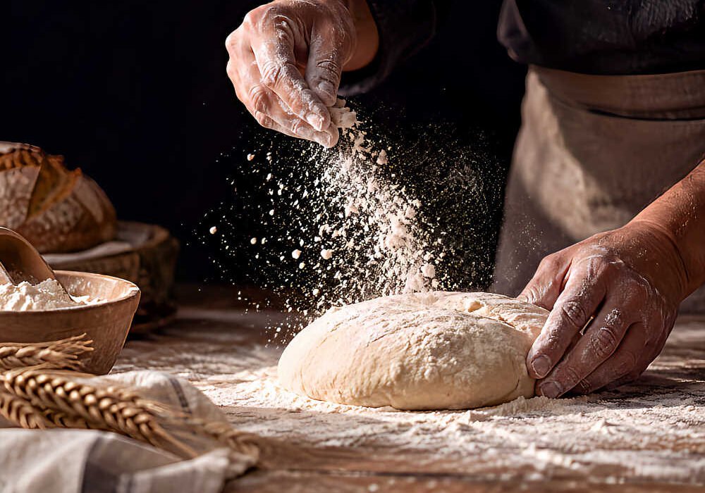 Elaboración artesanal de pan con harina durante el Día del Pan en Beniaján