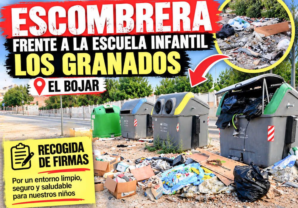 Escombrera de basura y enseres frente a la escuela infantil Los Granados en El Bojar, Beniaján