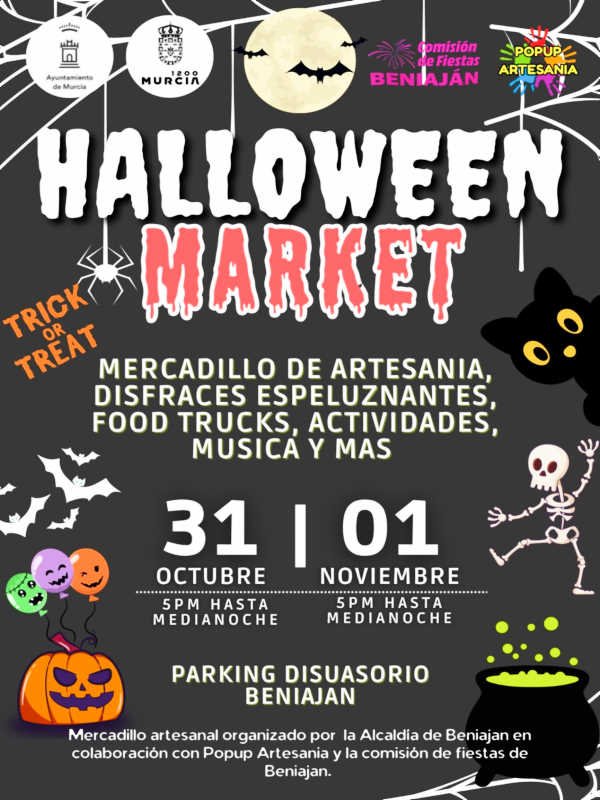 Cartel del mercadillo artesanal de Beniaján en el que figura la Alcaldía de Beniaján como organizadora, en colaboración con Popup Artesanía y la Comisión de Fiestas de Beniaján.