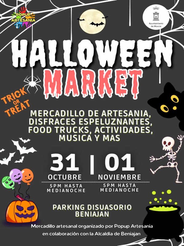 Cartel anunciador del mercadillo artesanal de Halloween de Beniaján en el que Popup Artesanía figura como organizadora en colaboración con la Alcaldía de Beniaján.