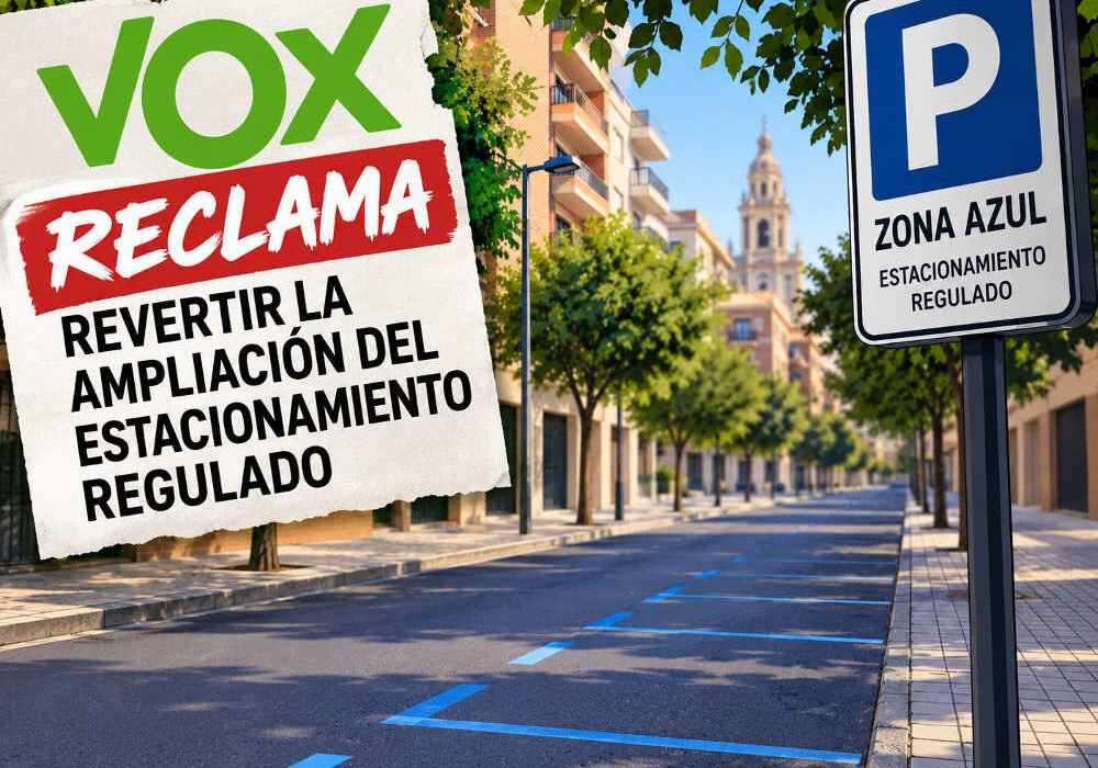 Ilustración de una calle de Murcia con plazas de estacionamiento regulado vacías y un cartel de VOX que reclama revertir su ampliación