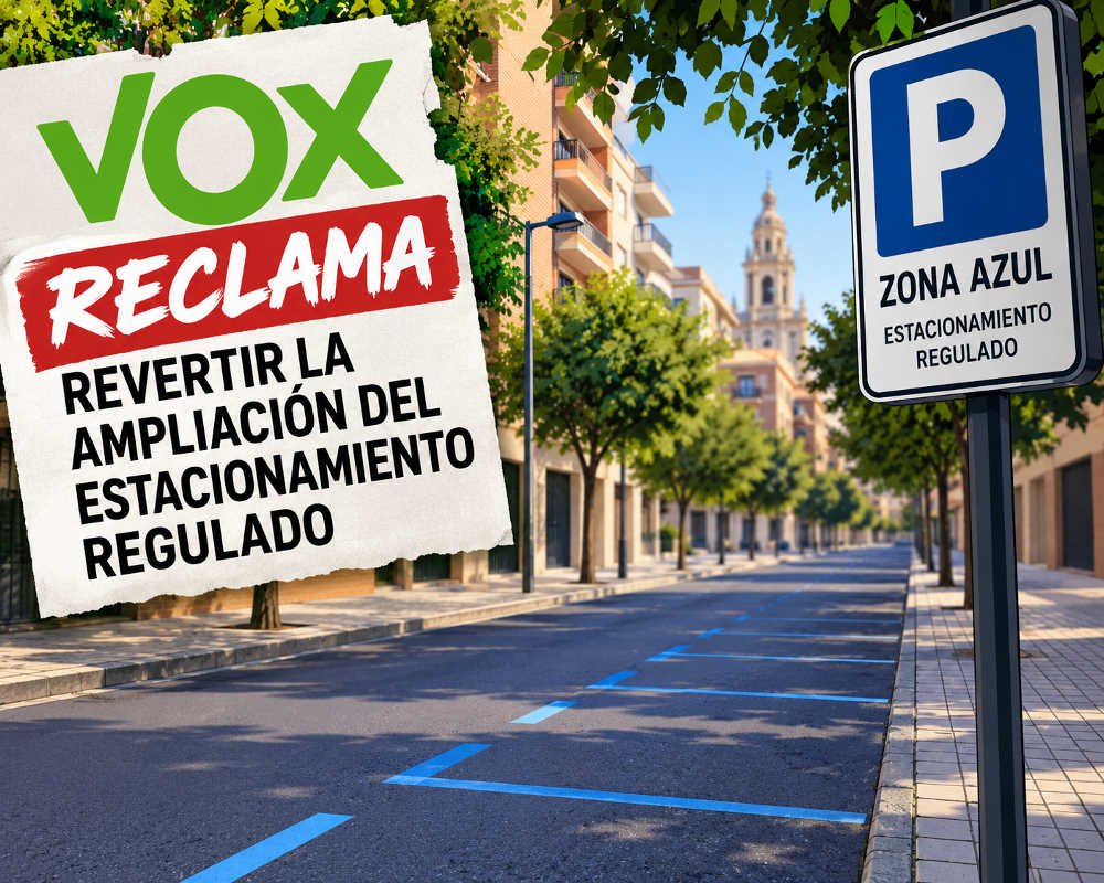 Ilustración de una calle de Murcia con plazas de estacionamiento regulado vacías y un cartel de VOX que reclama revertir su ampliación