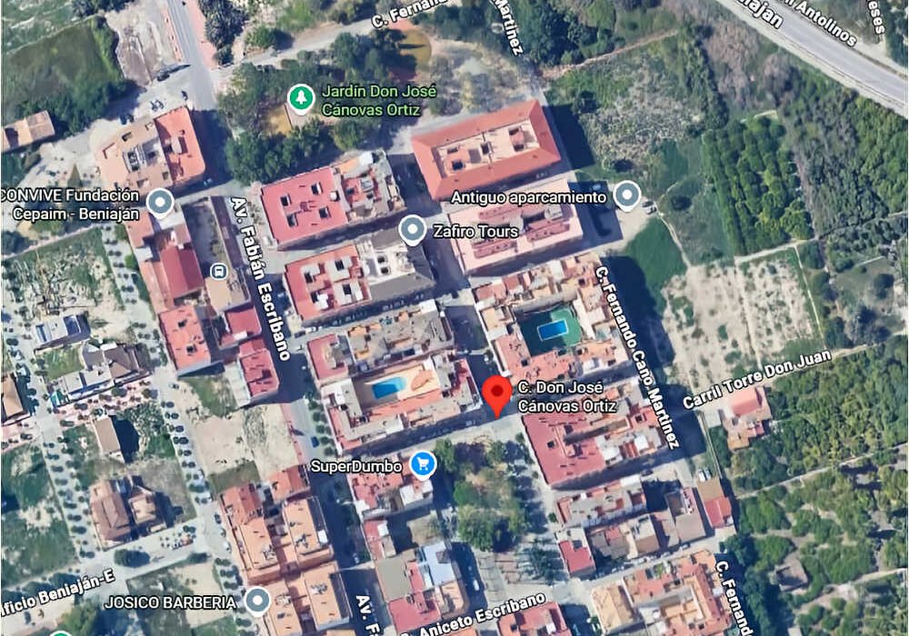 Vista aérea de la zona de Nuevo Beniaján y las calles del entorno del mercado de los viernes en Beniaján