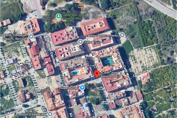Vista aérea de la zona de Nuevo Beniaján y las calles del entorno del mercado de los viernes en Beniaján