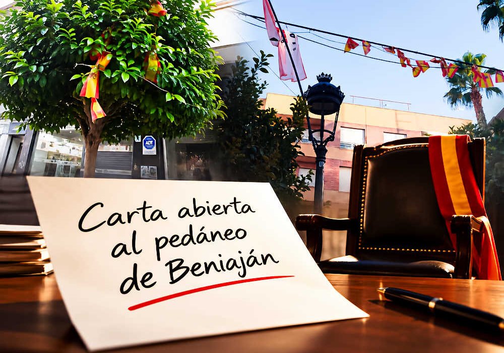 Carta abierta al pedáneo de Beniaján, con una silla de mando y banderas enredadas en árboles y cableado de la pedanía.