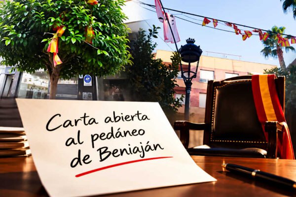 Carta abierta al pedáneo de Beniaján, con una silla de mando y banderas enredadas en árboles y cableado de la pedanía.