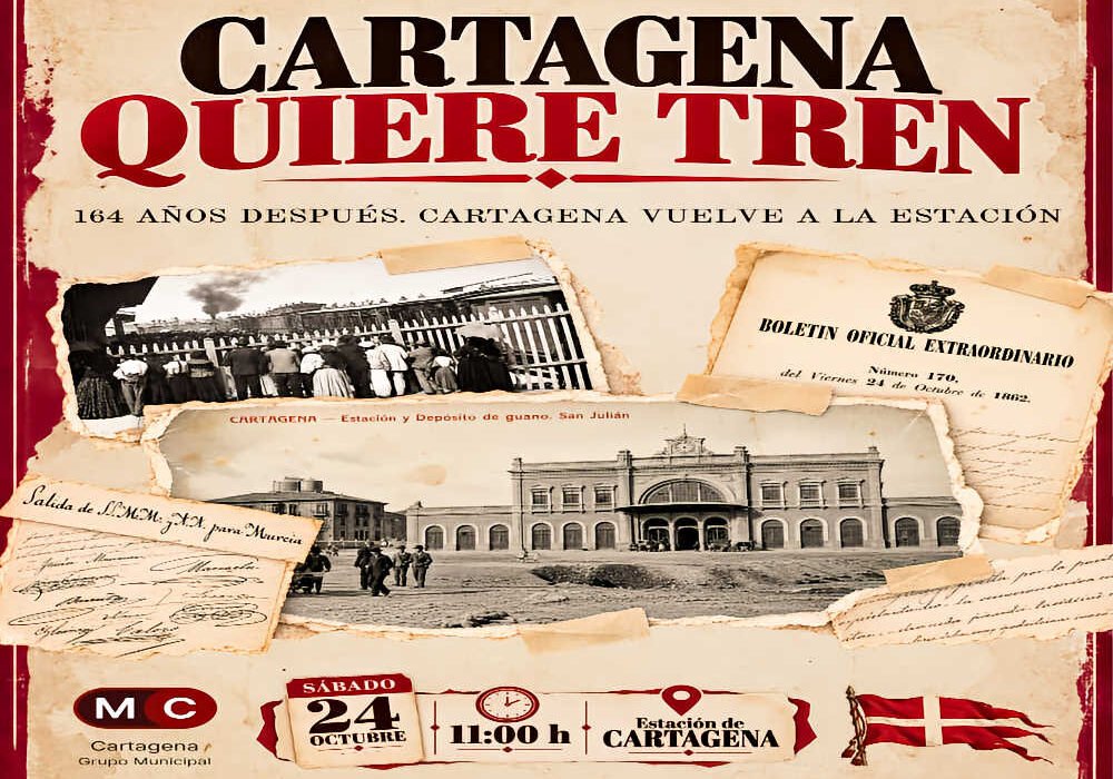 Cartel de MC Cartagena con la campaña Cartagena quiere tren para reclamar mejoras ferroviarias y nuevas conexiones de tren para la ciudad