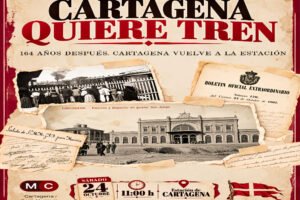 Cartel de MC Cartagena con la campaña Cartagena quiere tren para reclamar mejoras ferroviarias y nuevas conexiones de tren para la ciudad