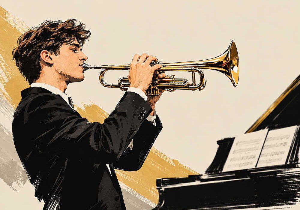 Ilustración de un joven trompetista junto a un piano para el ciclo Jóvenes Solistas en Beniaján.
