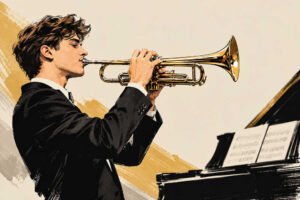 Ilustración de un joven trompetista junto a un piano para el ciclo Jóvenes Solistas en Beniaján.