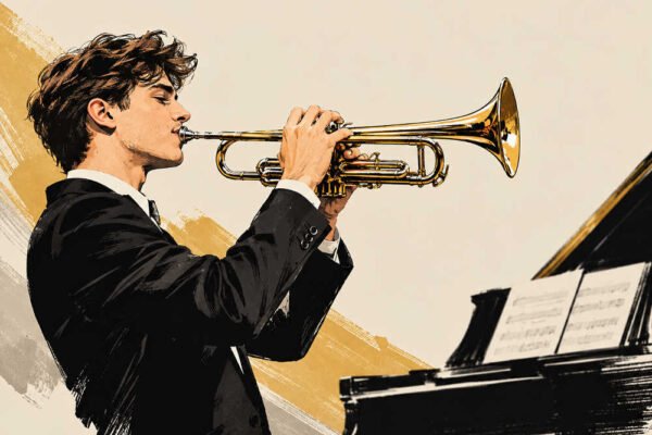 Ilustración de un joven trompetista junto a un piano para el ciclo Jóvenes Solistas en Beniaján.