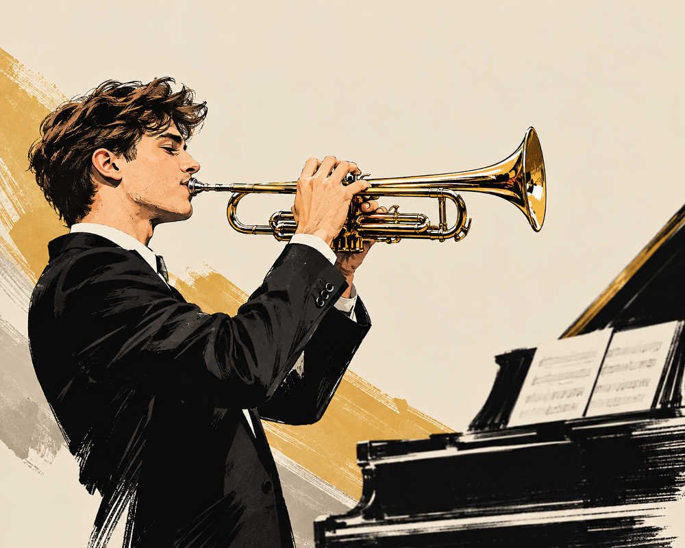 Ilustración de un joven trompetista junto a un piano para el ciclo Jóvenes Solistas en Beniaján.