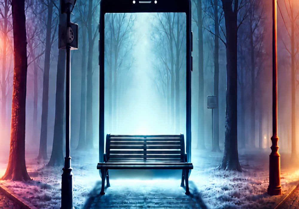 Banco de parque frente a un teléfono móvil gigante iluminado en un bosque, cartel de la comedia teatral Sin señal en Beniaján