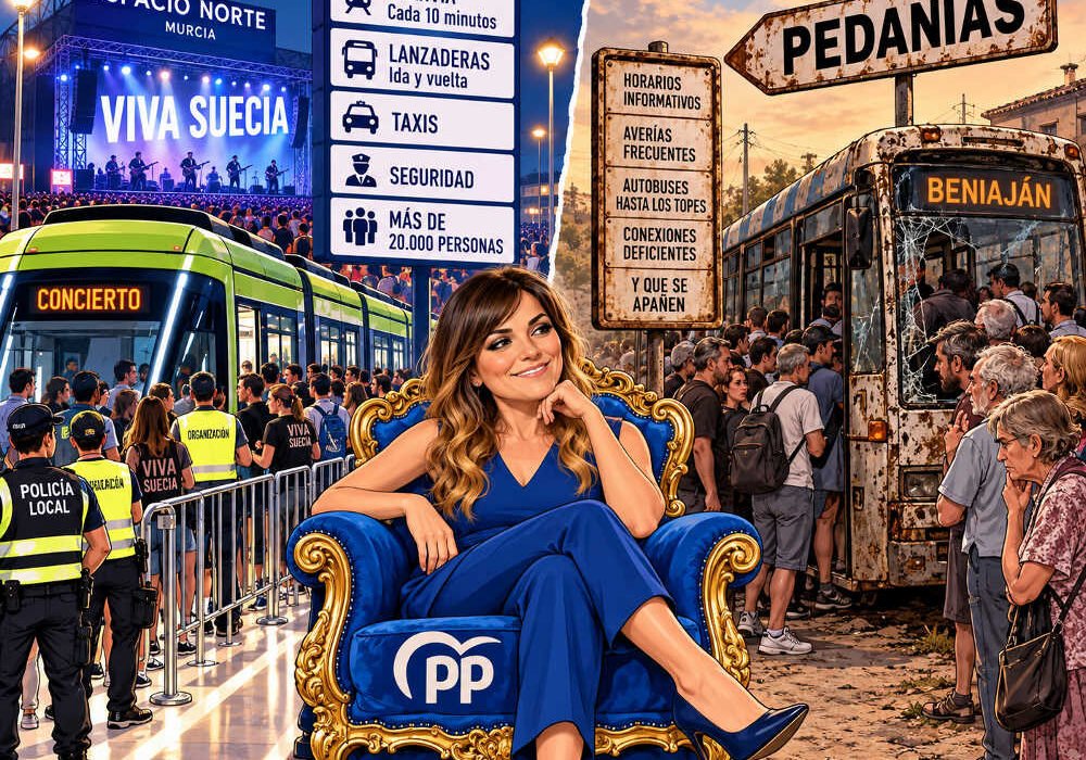 Caricatura satírica de Rebeca Pérez en un sillón azul del PP, entre el transporte especial para el concierto de Viva Suecia y un autobús abarrotado en las pedanías de Murcia.