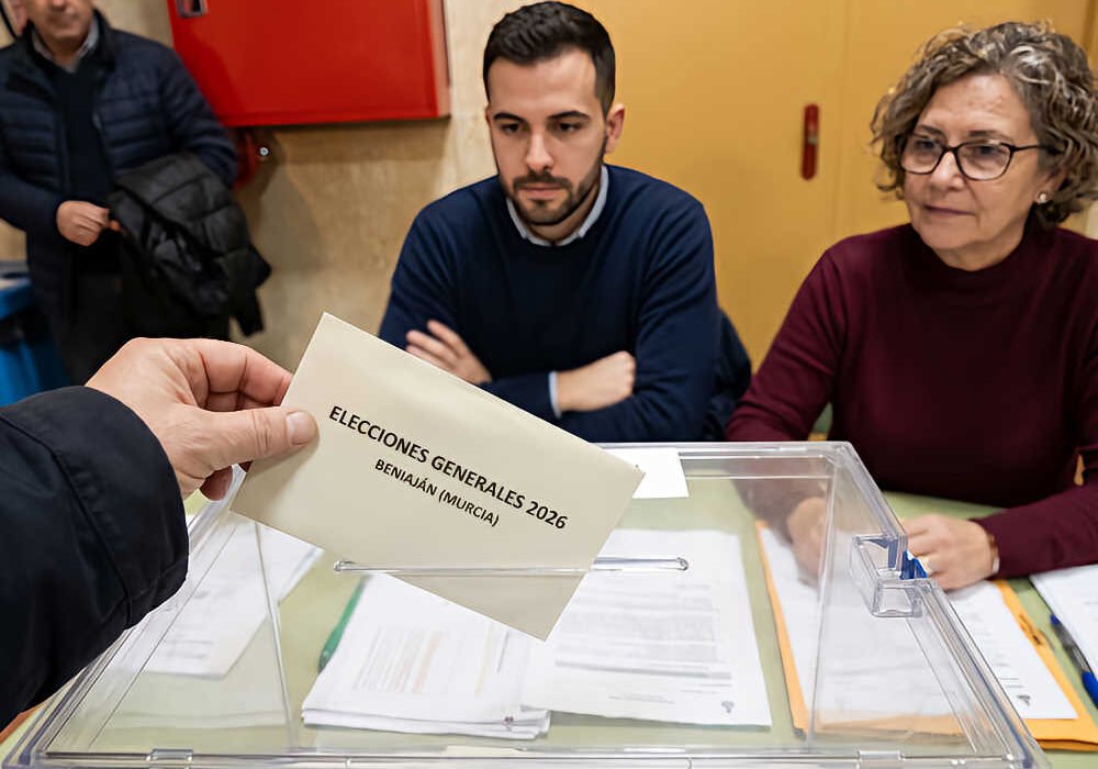 Ilustración de una mesa electoral con urna y votante durante unas elecciones generales en España