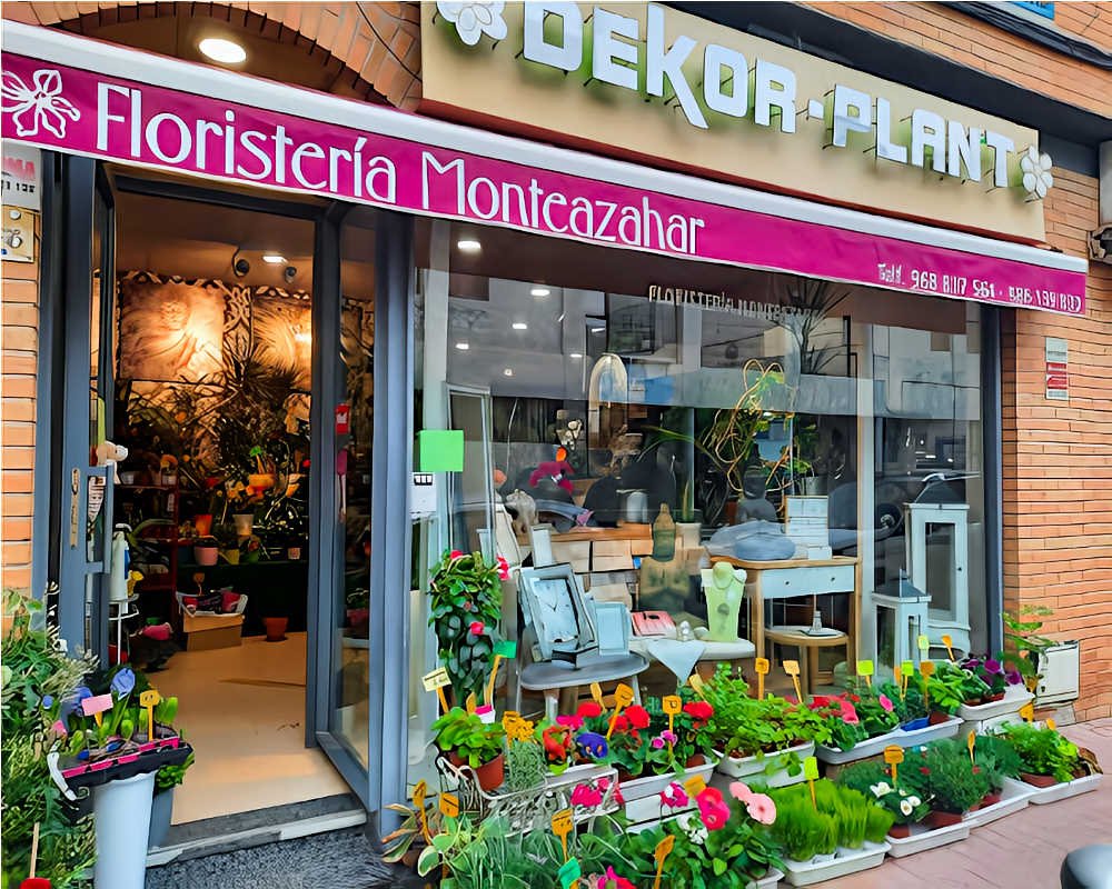 Fachada y escaparate con plantas y flores de la Floristería Monteazahar (Dekor-Plant) en Beniaján.