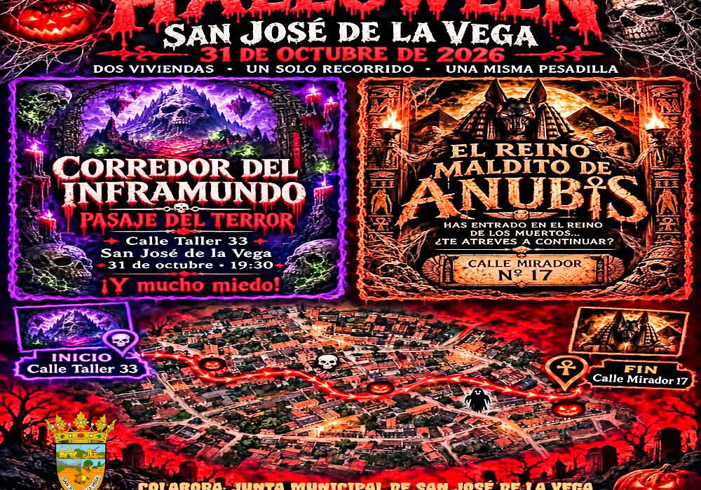 Cartel oficial del pasaje del terror de Halloween 2026 en San José de la Vega con el mapa del recorrido.